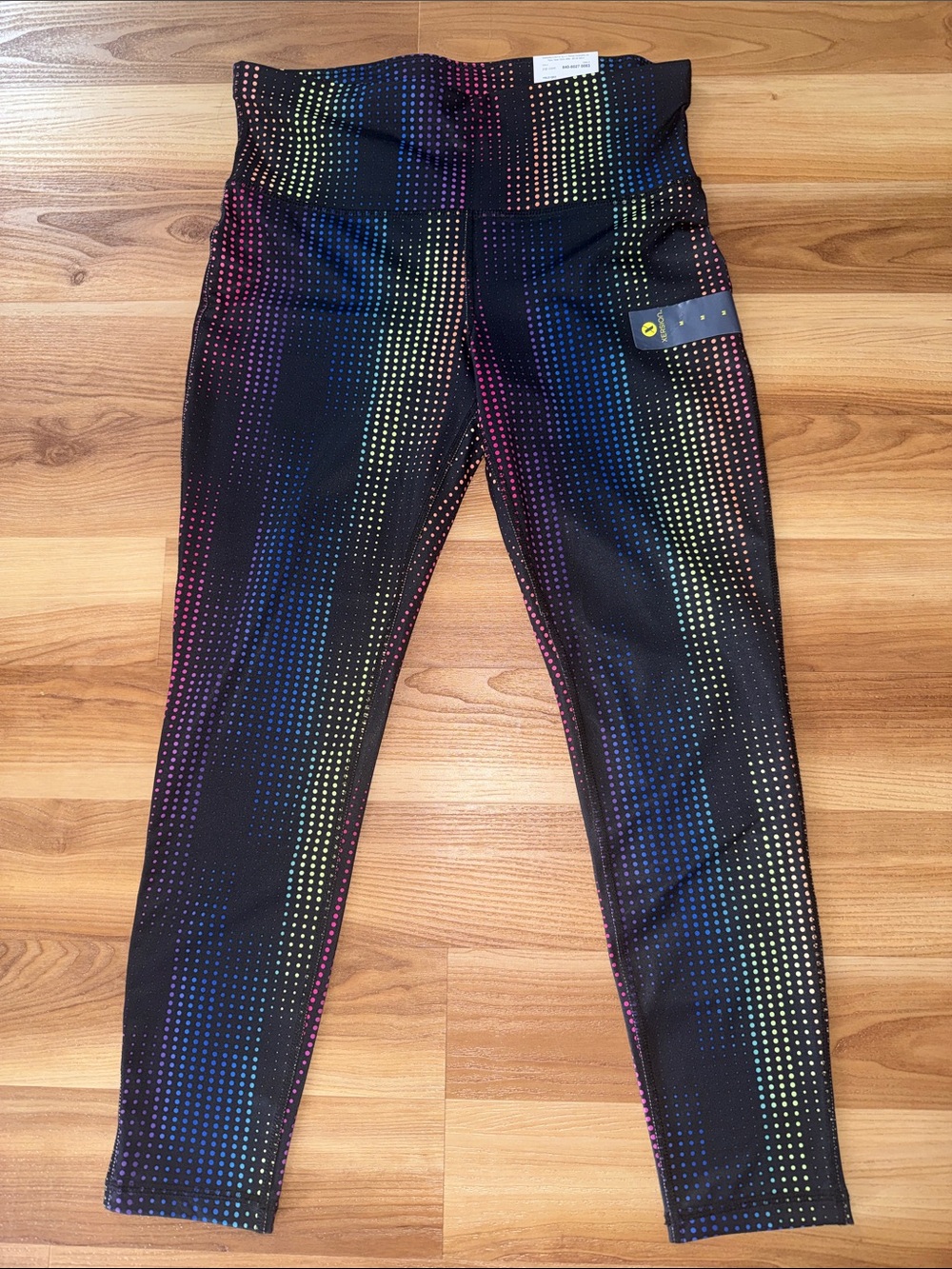 NWT Xersion Black Leggings with Rainbow Dot Stripe Pattern